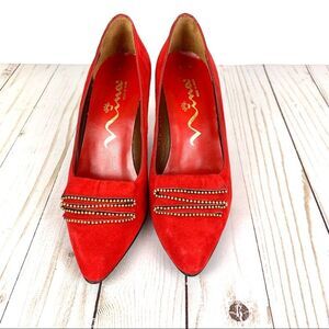 HP 🏆 RARE Nina Zippered Victorian Style Ruffle Red Suede Pumps Size 6M